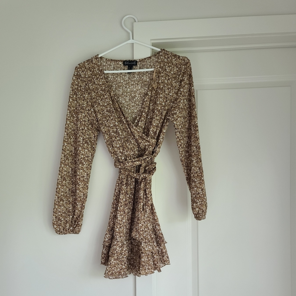 Streetwear Society Cream and Brown Wrap Dress with Bishop Sleeves